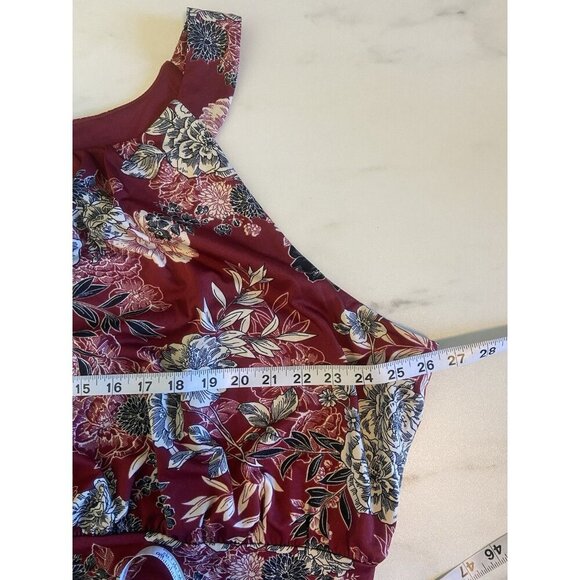 Meri Skye Dress 4X Plus Sleeveless Sheath Burgundy Floral Midi Stretch Office - Picture 8 of 10